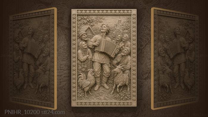 Accordion player among rooster and goat 3d STL model