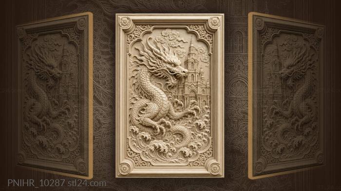 Dragon in waves before a spired tower 3d STL model