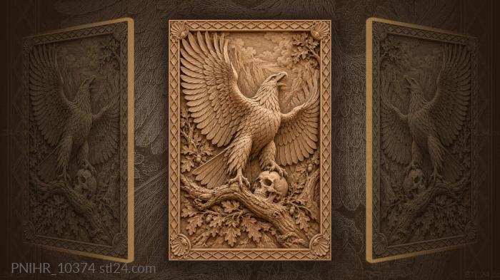 Eagle crying above a skull on a branch 3d STL model