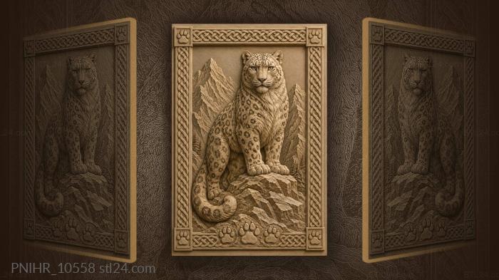 Snow leopard on a rock among peaks 3d STL model