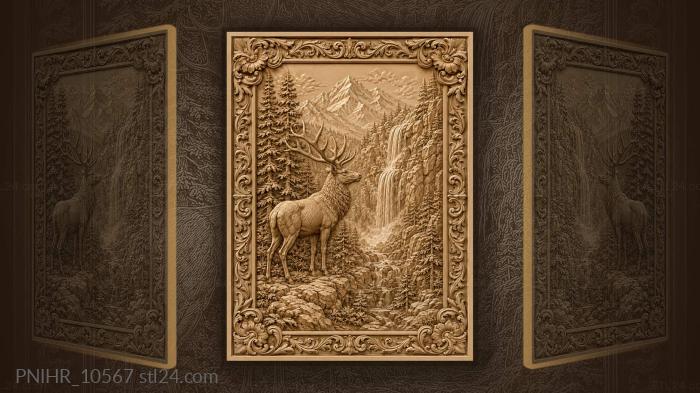Stag beside waterfall under snowy peaks 3d STL model