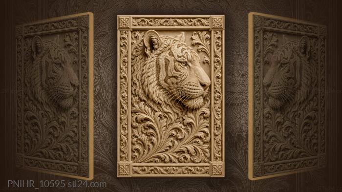 Tiger head among swirling leaves 3d STL model