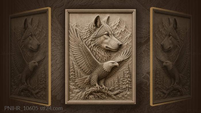Eagle spreading wings behind wolf 3d STL model