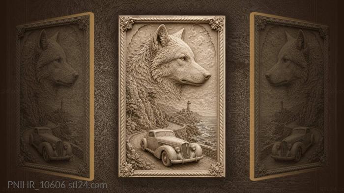 Wolf above vintage car near lighthouse 3d STL model