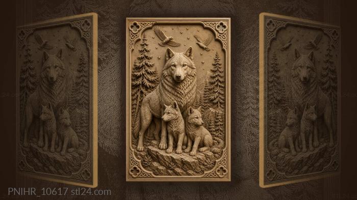 Wolf guarding two pups on rocks 3d STL model