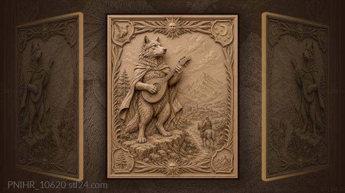 Wolf with lute above distant village 3d STL model