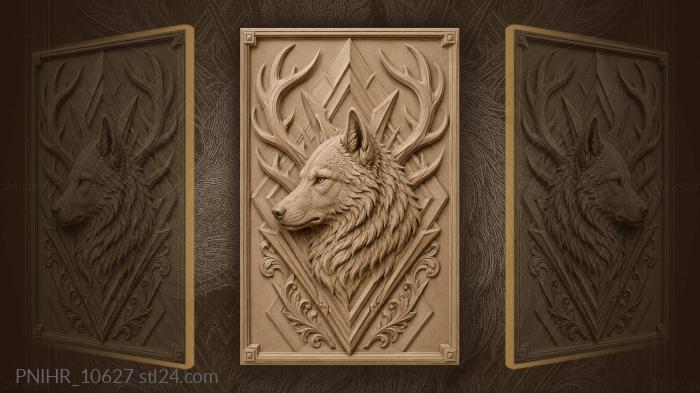 Wolf head framed by antlers 3d STL model