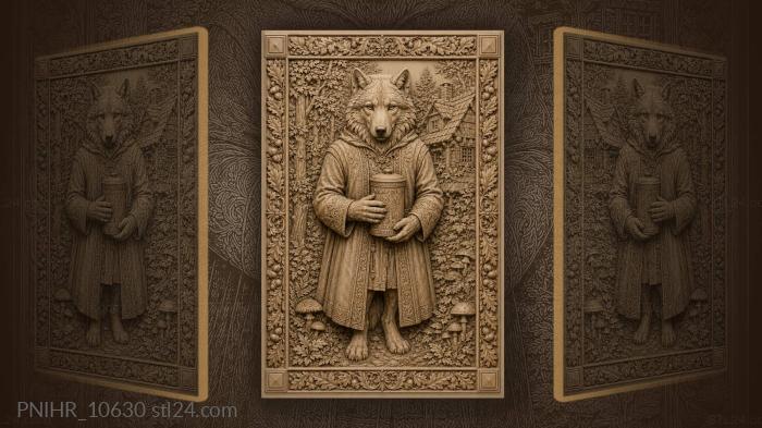 Wolf holding canister near forest cottage 3d STL model