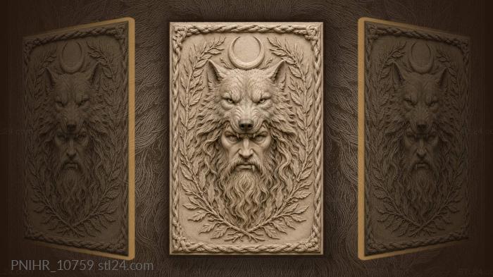 Wolf head and crescent moon above a bearded face 3d STL model