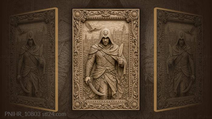 Hooded warrior with city and bird 3d STL model