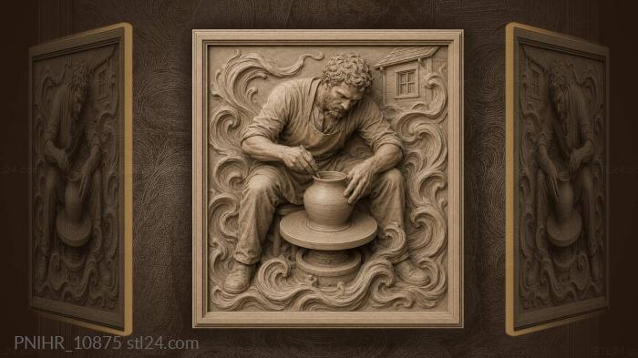 Potter at wheel with house behind 3d STL model