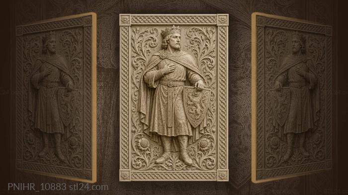Crowned ruler holding heraldic shield 3d STL model