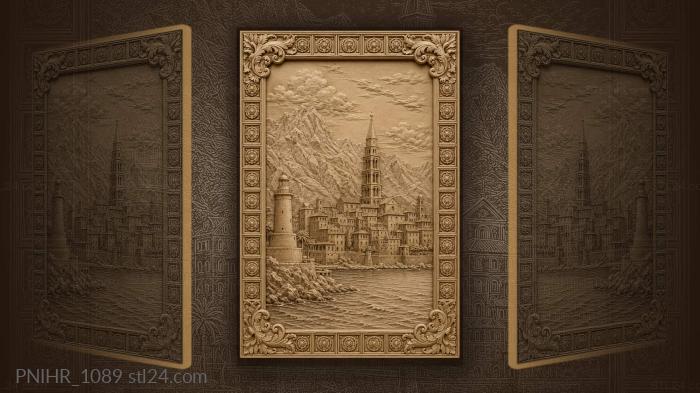 Seaside town with a lighthouse below mountains 3d STL model
