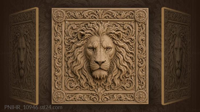 Lion head among mirrored acanthus scrolls 3d STL model