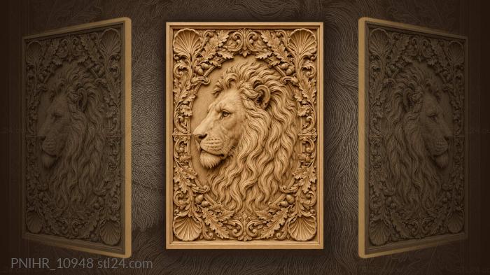 Lion profile among oak leaves and acorns 3d STL model