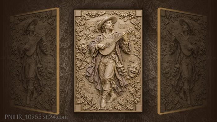 Lutenist in wide-brimmed hat among masks 3d STL model