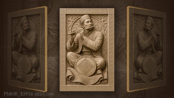 Flute player in a folk hat with drum 3d STL model