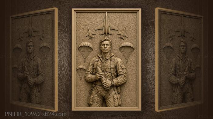 Pilot holding helmet among jets and parachutes 3d STL model