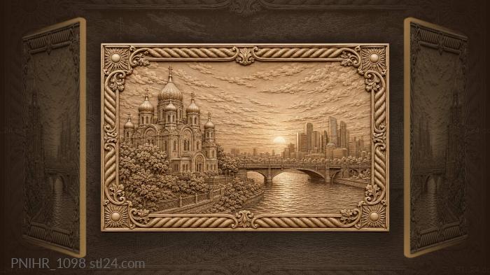 City sunset over water bridge 3d STL model