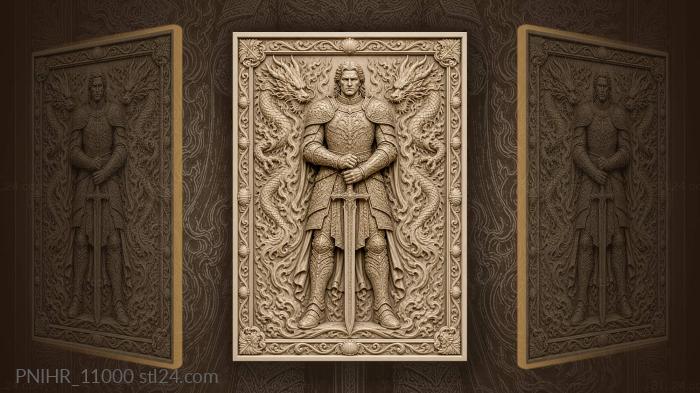 Swordsman among dragons and flame patterns 3d STL model