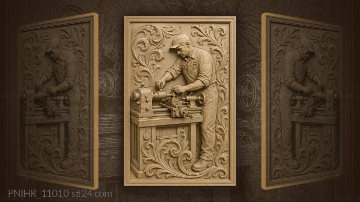 Capped worker bent over a lathe 3d STL model