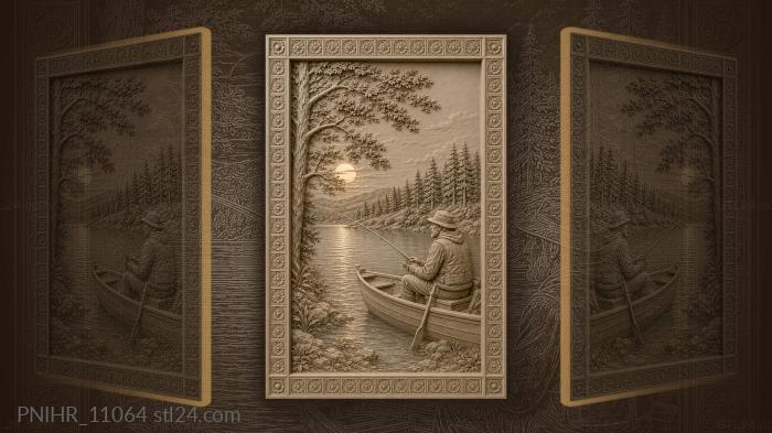 Man fishing from boat at sunset 3d STL model