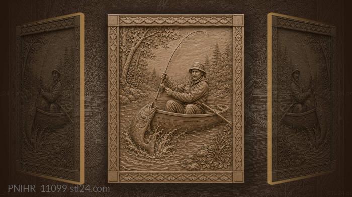 Seated angler and the fish before his boat 3d STL model