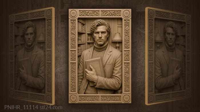 Man holding a book by bookshelves 3d STL model