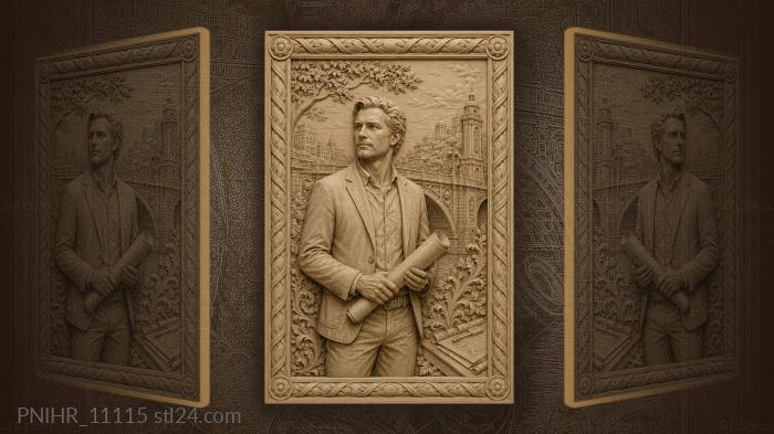 Gustave Eiffel stands with a bridge blueprint 3d STL model