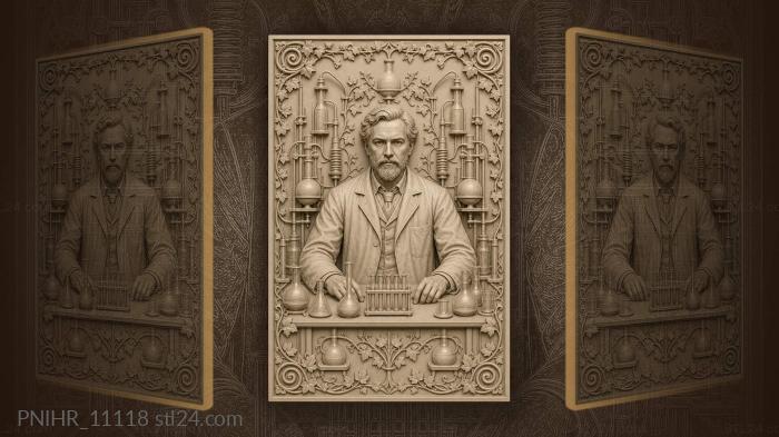 Dmitri Mendeleev with flasks and test tubes · Louis Pasteur 3d STL model