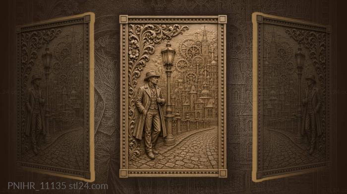 Sherlock Holmes by a lamppost in a steampunk city 3d STL model