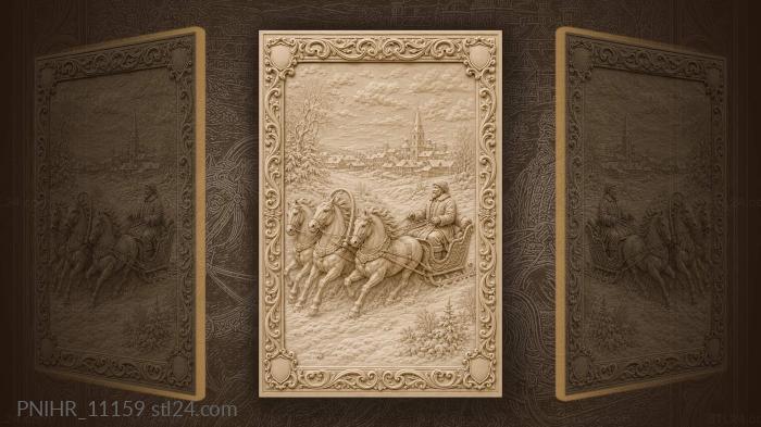 Three horses racing toward the church town 3d STL model