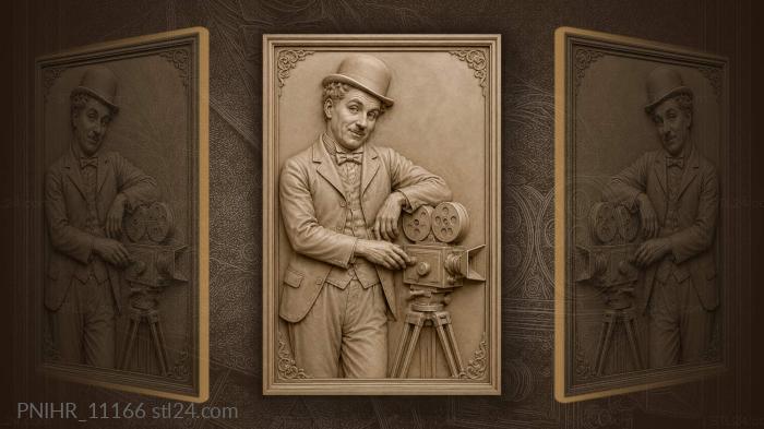 Charlie Chaplin with a vintage film camera 3d STL model