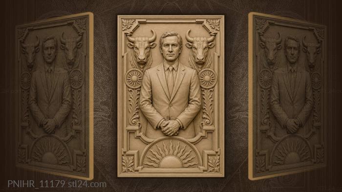 Warren Buffett flanked by bull heads 3d STL model