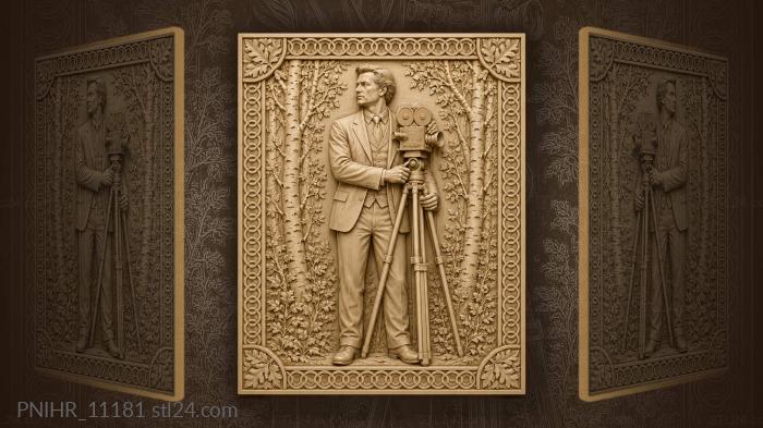 Cameraman with tripod among birch trees 3d STL model