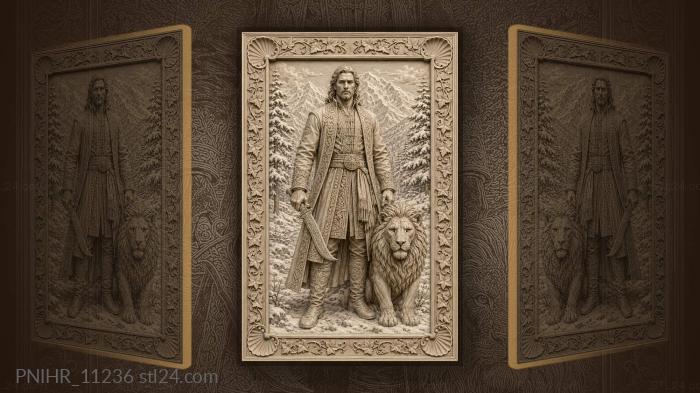 Hunter with a knife beside a lion 3d STL model