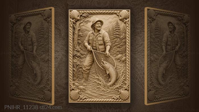 Angler with net and leaping fish 3d STL model