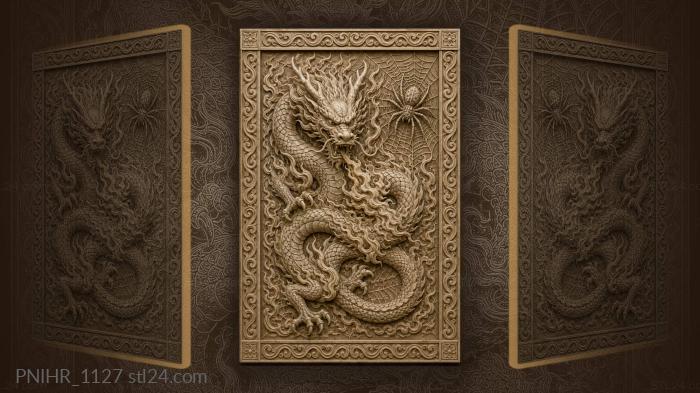 Spider web beside flaming dragon 3d STL model
