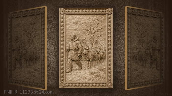 Herder leading a reindeer team through snow 3d STL model
