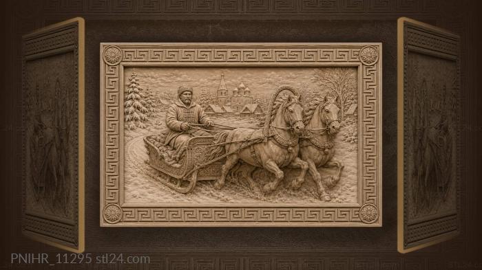 Driver takes his sleigh toward a snowy village 3d STL model