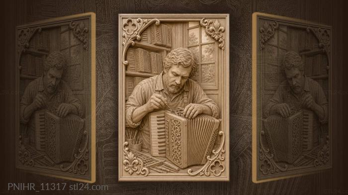 Accordion player among musical instruments 3d STL model