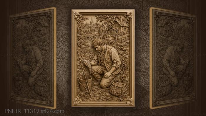 Angler with a bucket below the village 3d STL model