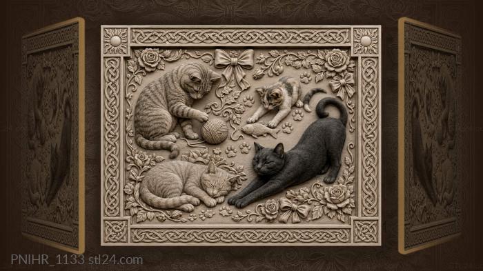 Cats playing with yarn and fish 3d STL model
