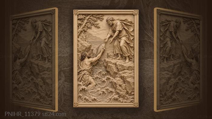 Two men passing a big fish on rocks 3d STL model
