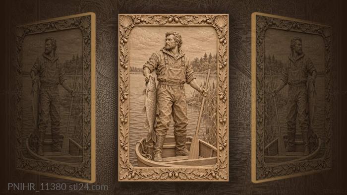 Man in boat with paddle and fish 3d STL model