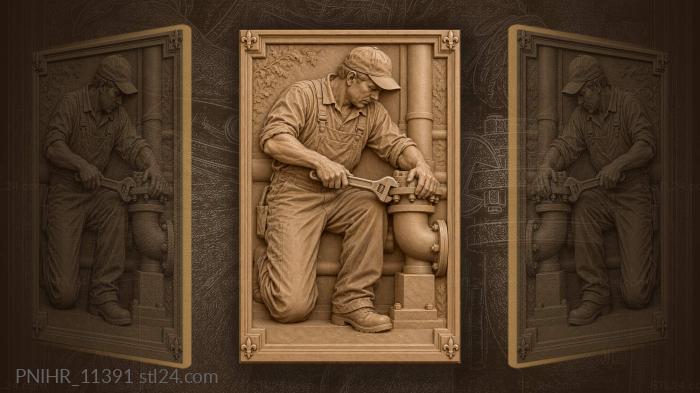 Fitter turning a wrench on pipe 3d STL model