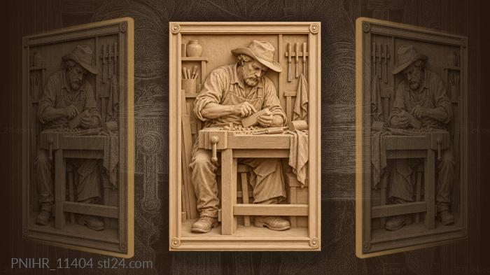 Craftsman in wide brimmed hat at workbench 3d STL model