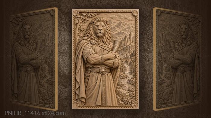 Lion headed figure holding a curved horn 3d STL model