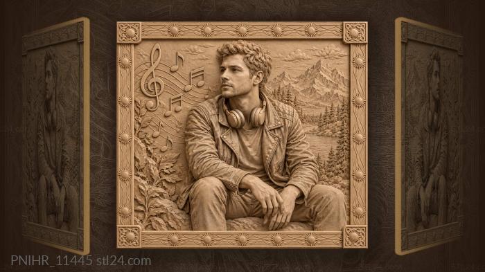 Headphones on neck beside floating notes 3d STL model