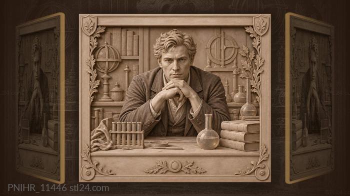 Isaac Newton at a desk with instruments 3d STL model